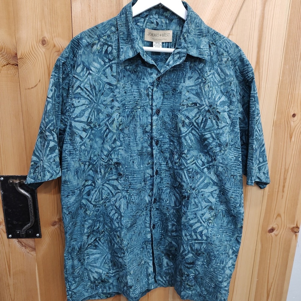 Johari West Shirt Mens Sz XL Teal Cotton Casual Hawaiian Button Up Leisure Wear